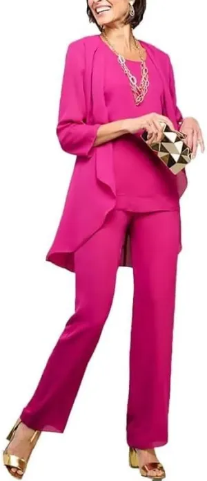 Chiffon Mother of The Bride Pant Suits for Wedding 3 Pieces Wedding Guest Outfits for Women with Jacket