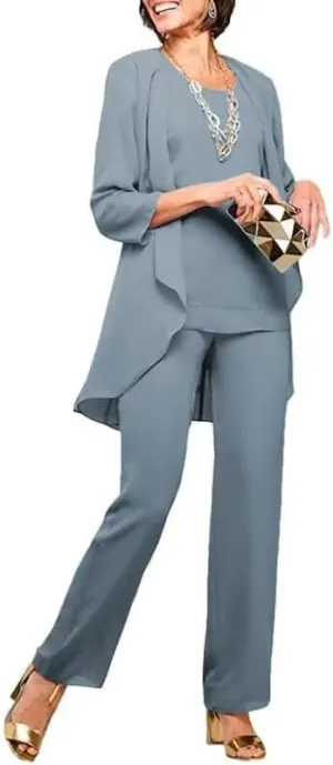 Chiffon Mother of The Bride Pant Suits for Wedding 3 Pieces Wedding Guest Outfits for Women with Jacket