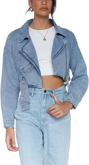 chouyatou Women's Boyfriend Jean Shakcet Jacket Zipper Belted Moto Denim Blazer Jacket