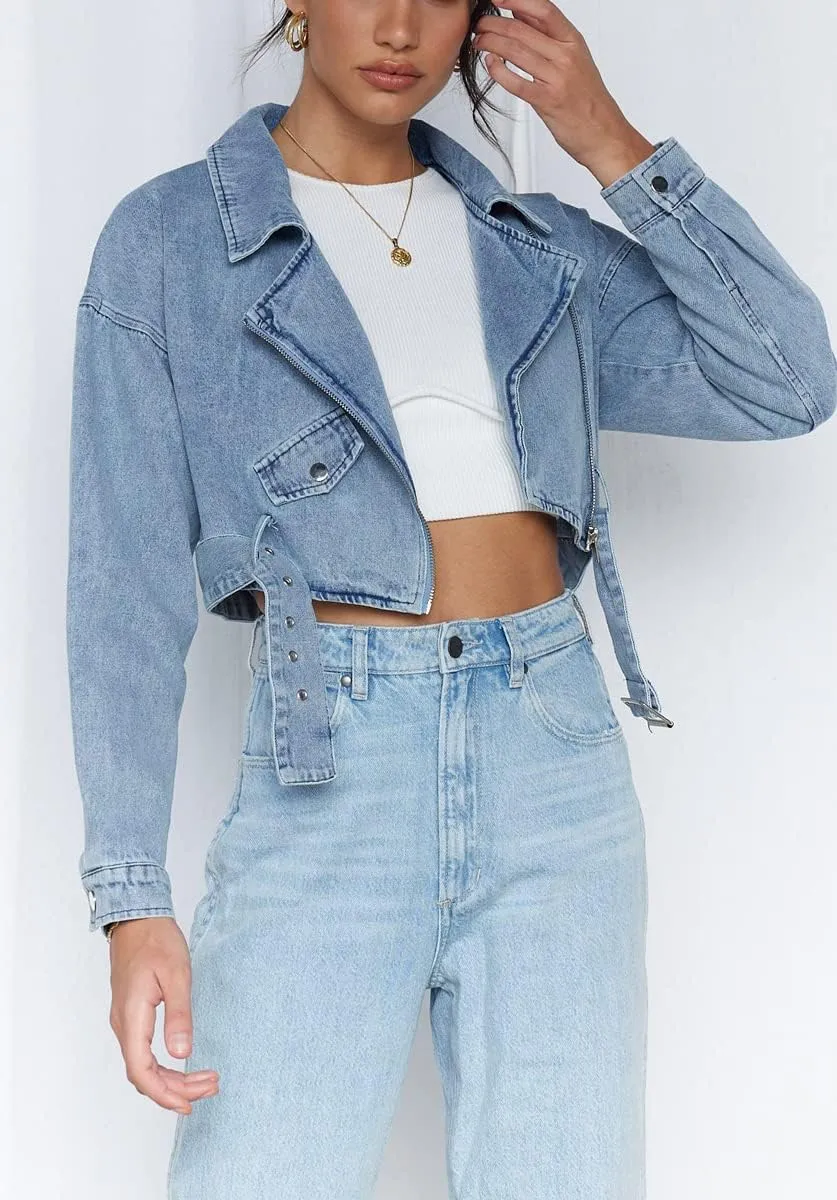 chouyatou Women's Boyfriend Jean Shakcet Jacket Zipper Belted Moto Denim Blazer Jacket