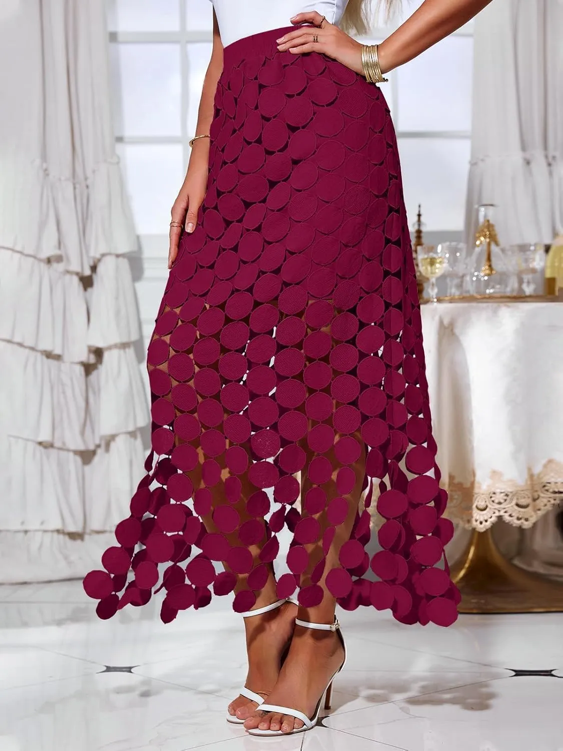 Cicy Bell Womens Hollow Out Maxi Skirts Summer High Waisted Boho Fringe Hem Long Skirt