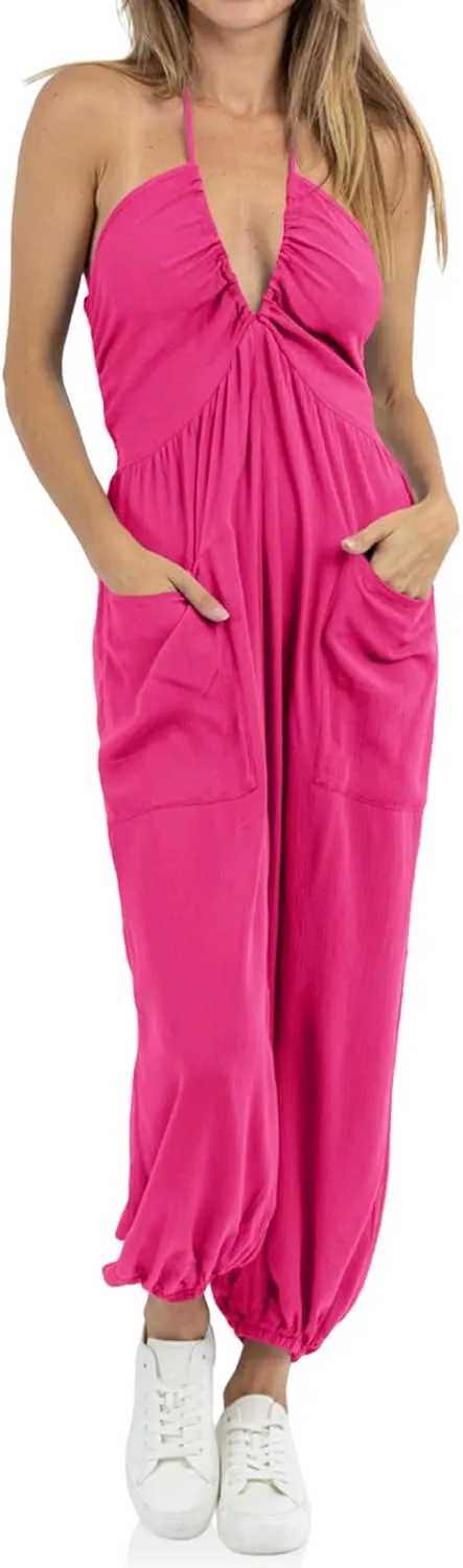 Cicy Bell Women's Sexy Halter Jumpsuits Casual Deep V Nevk Beach Jogger Long Pants Rompers
