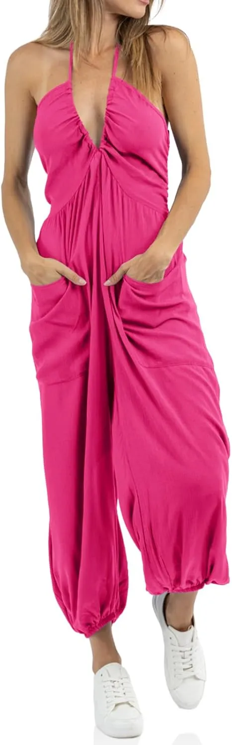 Cicy Bell Women's Sexy Halter Jumpsuits Casual Deep V Nevk Beach Jogger Long Pants Rompers