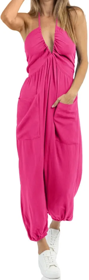 Cicy Bell Women's Sexy Halter Jumpsuits Casual Deep V Nevk Beach Jogger Long Pants Rompers