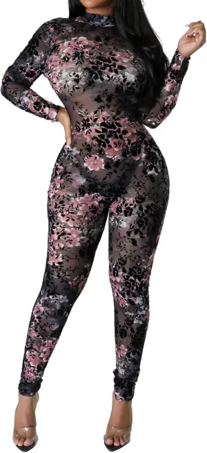 Clubwear Sexy Jumpsuit for Women Bodycon Long Sleeve See Through Long Skinny Pants for Evening Party