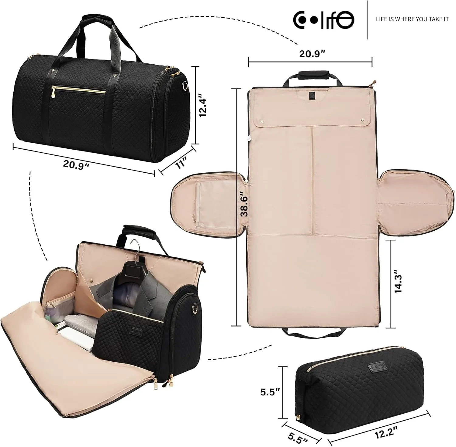 Coolife Garment Bag Carry On Convertible Travel Duffel Bag with Shoe Pouch Weekender Bag for Women Men 2 in 1 Hanging Suit Bag with Shoulder Strap Business Travel Bag (Black, Standard)