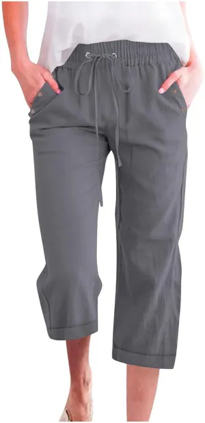 Cotton Linen Pants Women Summer Drawstring High Waist Straight Leg Pants Lightweight Breathable Trousers with Pocket