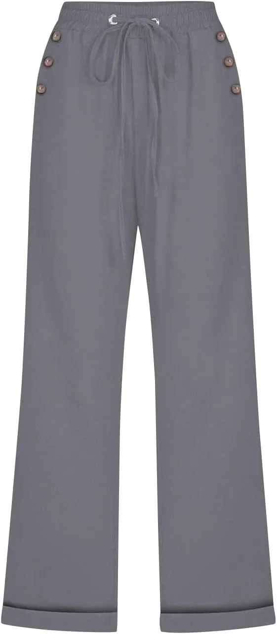 Cotton Linen Pants Women Summer Drawstring High Waist Straight Leg Pants Lightweight Breathable Trousers with Pocket
