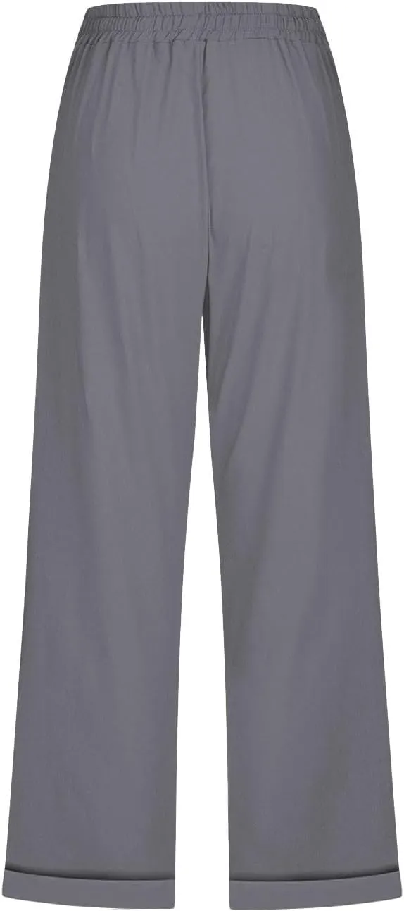 Cotton Linen Pants Women Summer Drawstring High Waist Straight Leg Pants Lightweight Breathable Trousers with Pocket