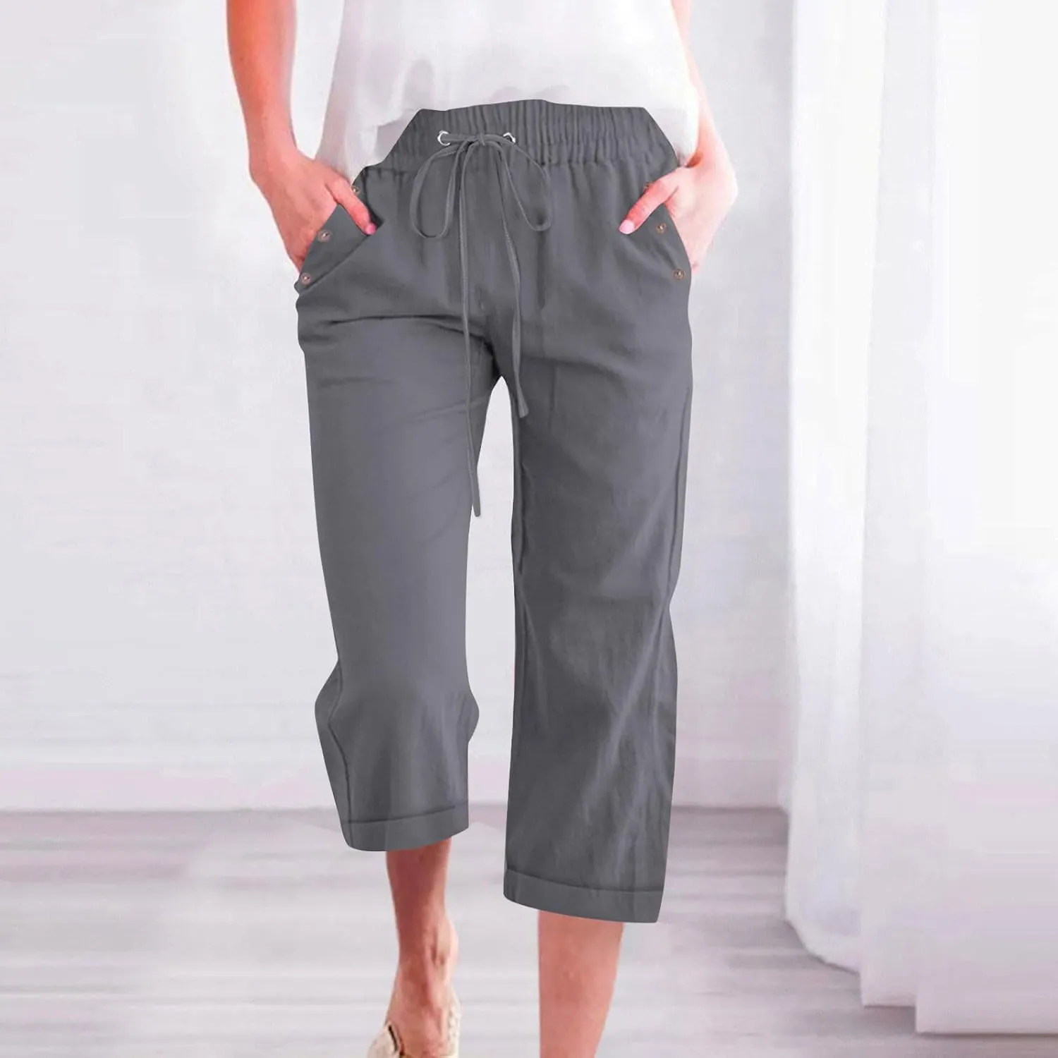Cotton Linen Pants Women Summer Drawstring High Waist Straight Leg Pants Lightweight Breathable Trousers with Pocket