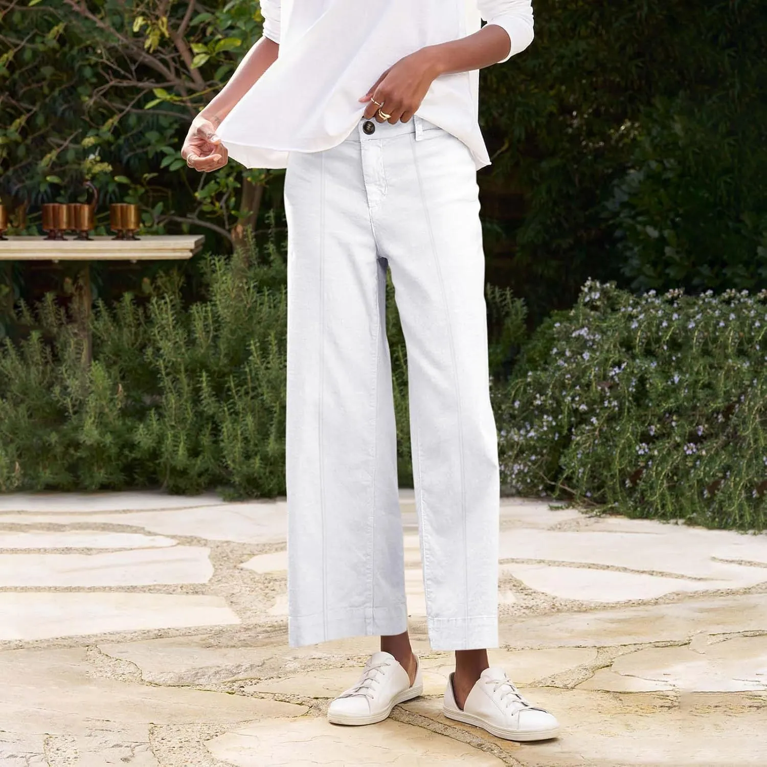 Cropped Linen Pants Women Elastic Waist Wide Leg Dress Pants Comfy Business Casual Work Pants Trousers with Pockets