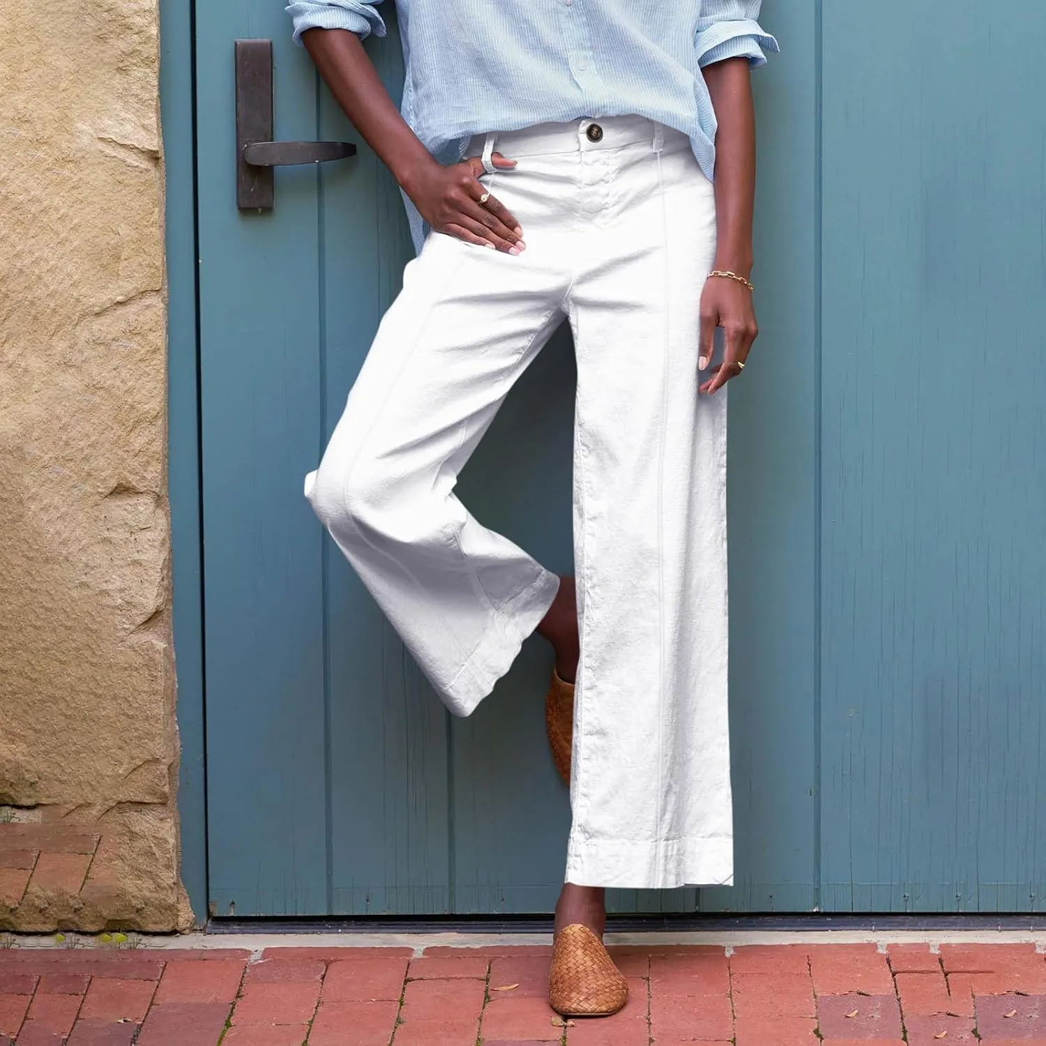 Cropped Linen Pants Women Elastic Waist Wide Leg Dress Pants Comfy Business Casual Work Pants Trousers with Pockets