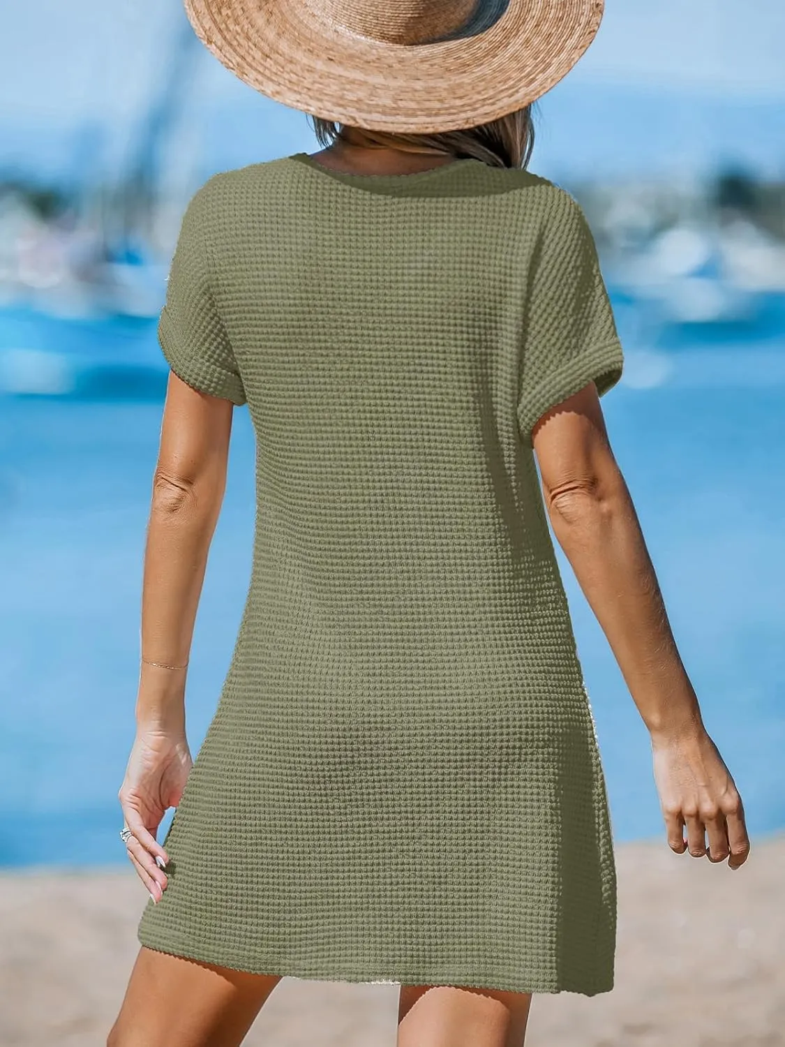 CUPSHE Women Waffle Knit Bathing Suit Cover Up Short Sleeve Twist Hem Swimsuit Coverup for Summer Vacation