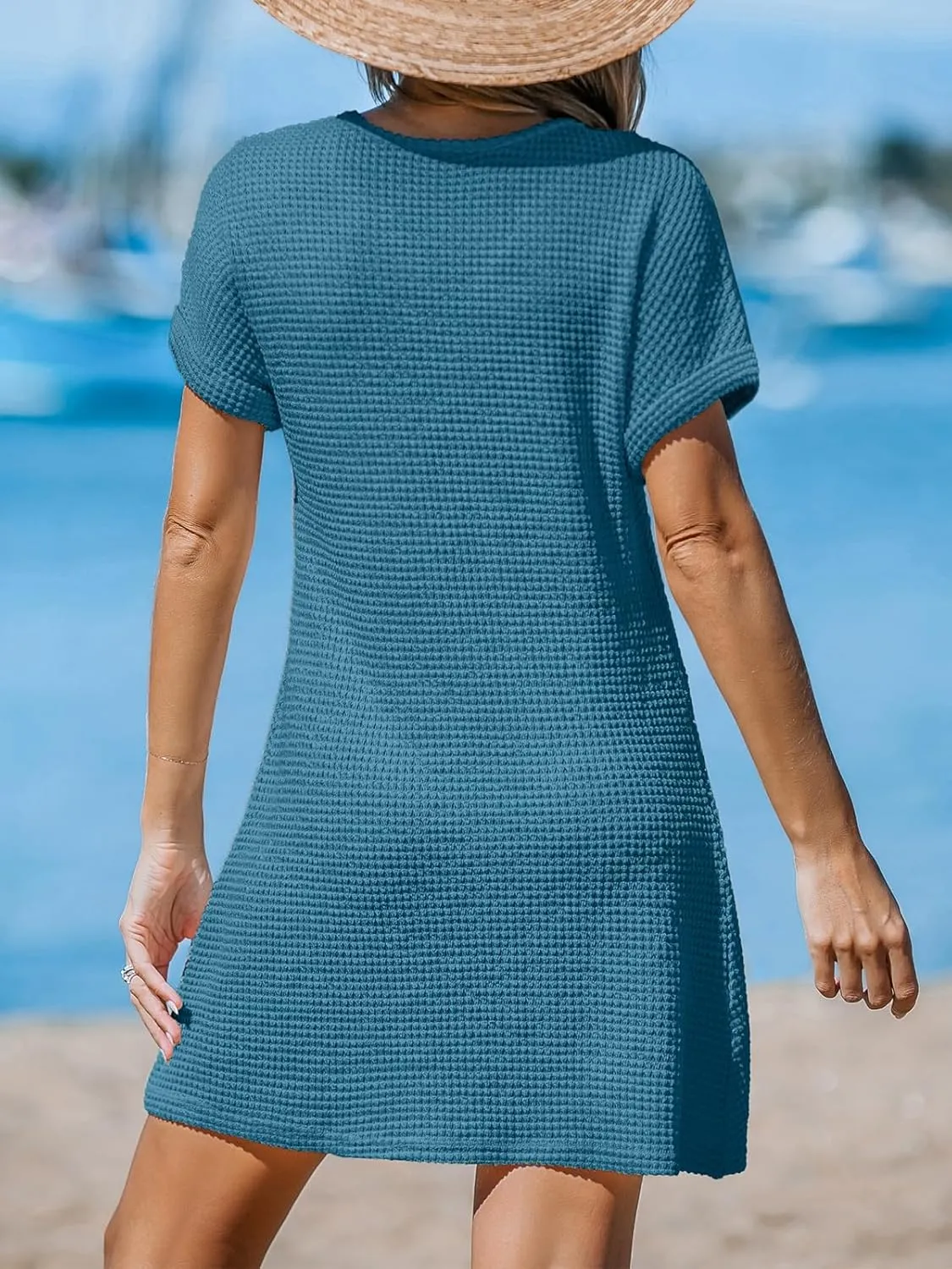 CUPSHE Women Waffle Knit Bathing Suit Cover Up Short Sleeve Twist Hem Swimsuit Coverup for Summer Vacation