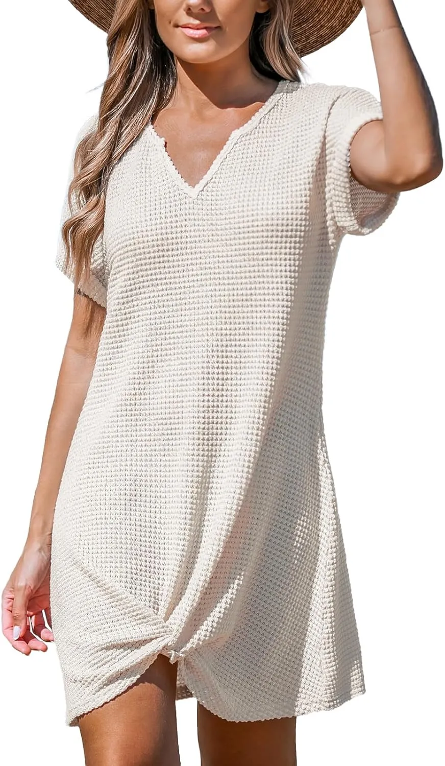 CUPSHE Women Waffle Knit Bathing Suit Cover Up Short Sleeve Twist Hem Swimsuit Coverup for Summer Vacation