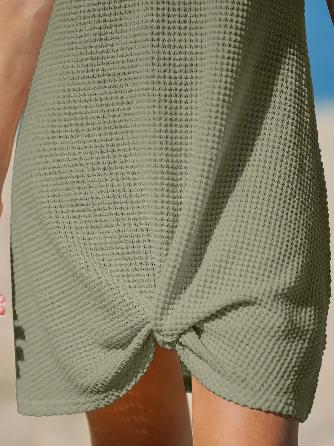CUPSHE Women Waffle Knit Bathing Suit Cover Up Short Sleeve Twist Hem Swimsuit Coverup for Summer Vacation
