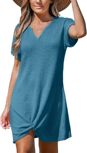 CUPSHE Women Waffle Knit Bathing Suit Cover Up Short Sleeve Twist Hem Swimsuit Coverup for Summer Vacation