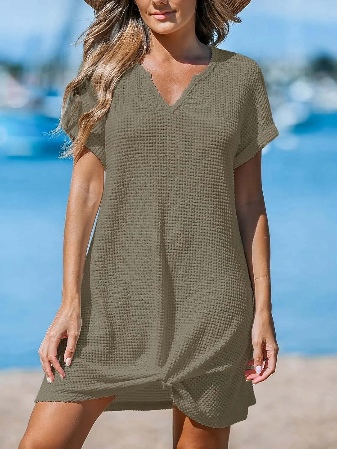 CUPSHE Women Waffle Knit Bathing Suit Cover Up Short Sleeve Twist Hem Swimsuit Coverup for Summer Vacation