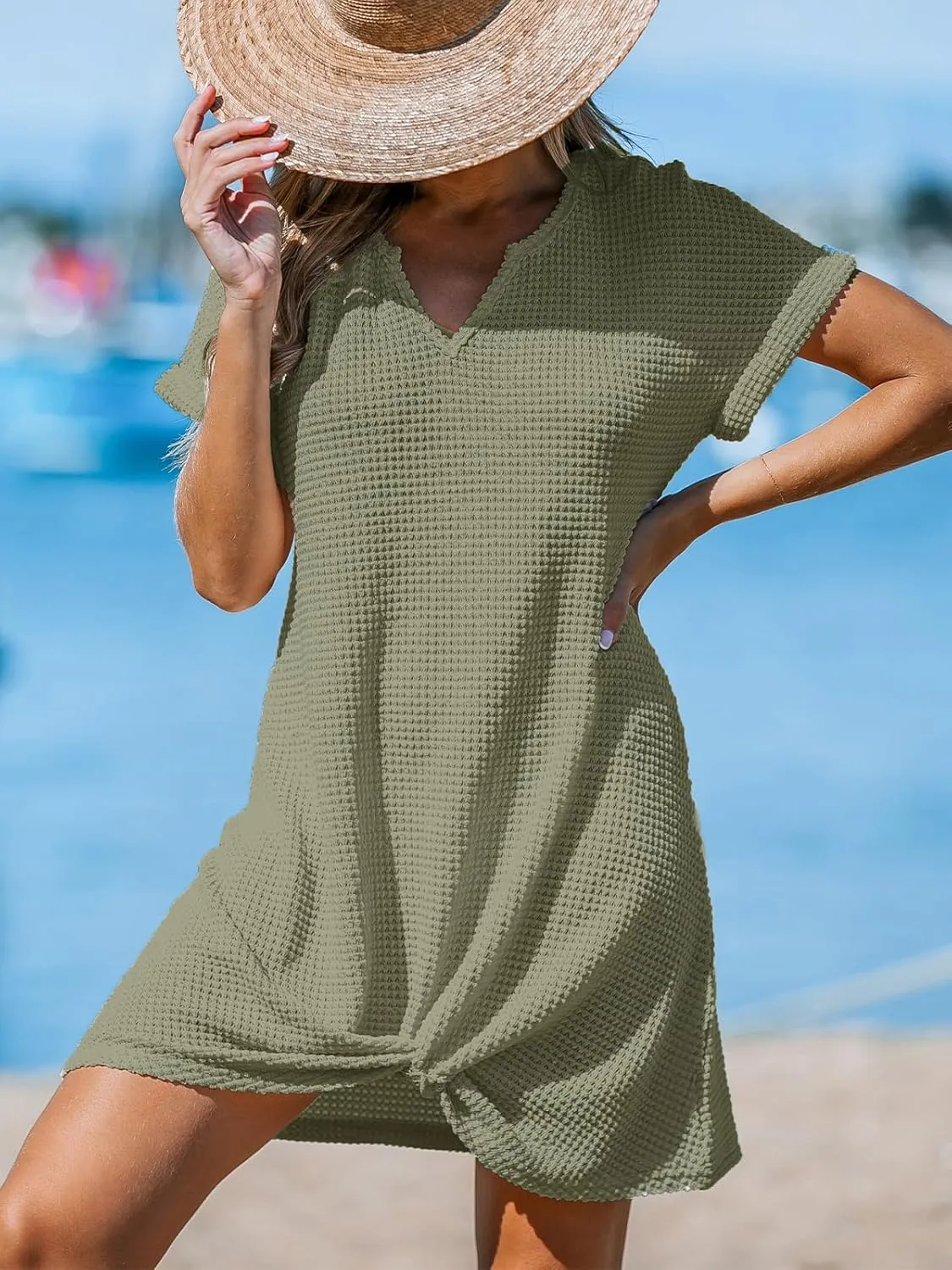 CUPSHE Women Waffle Knit Bathing Suit Cover Up Short Sleeve Twist Hem Swimsuit Coverup for Summer Vacation