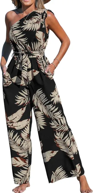 CUPSHE Women's Jumpsuits Sleeveless Floral One Shoulder Wide Leg Long Pants 2025 Trendy Travel Outfit Pocket Beach,XL