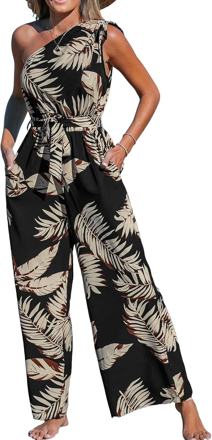CUPSHE Women's Jumpsuits Sleeveless Floral One Shoulder Wide Leg Long Pants 2025 Trendy Travel Outfit Pocket Beach,XL