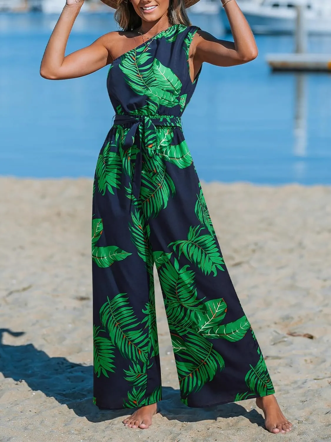 CUPSHE Women's Jumpsuits Sleeveless Floral One Shoulder Wide Leg Long Pants 2025 Trendy Travel Outfit Pocket