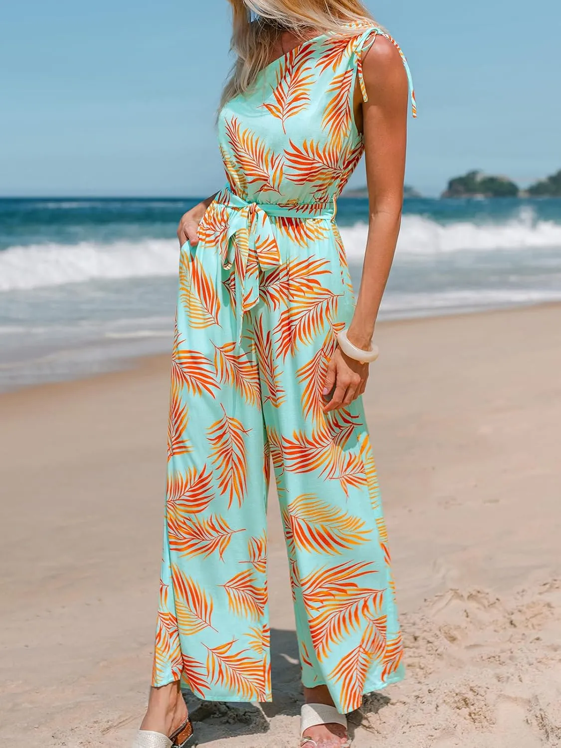 CUPSHE Women's Jumpsuits Sleeveless Floral One Shoulder Wide Leg Long Pants 2025 Trendy Travel Outfit Pocket