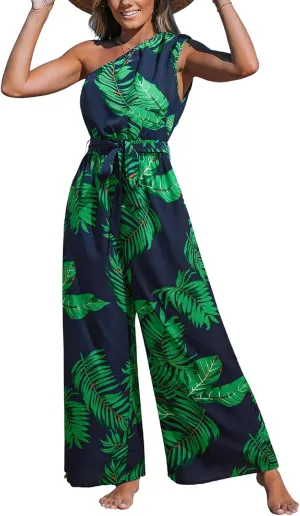 CUPSHE Women's Jumpsuits Sleeveless Floral One Shoulder Wide Leg Long Pants 2025 Trendy Travel Outfit Pocket