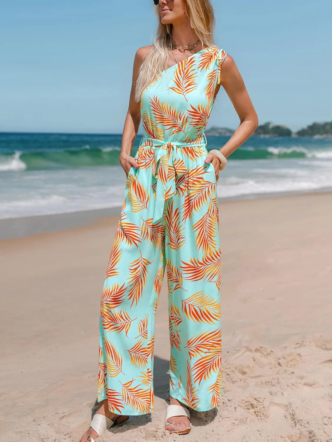 CUPSHE Women's Jumpsuits Sleeveless Floral One Shoulder Wide Leg Long Pants 2025 Trendy Travel Outfit Pocket