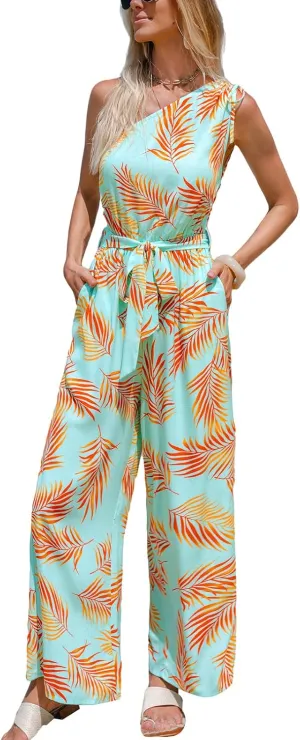 CUPSHE Women's Jumpsuits Sleeveless Floral One Shoulder Wide Leg Long Pants 2025 Trendy Travel Outfit Pocket