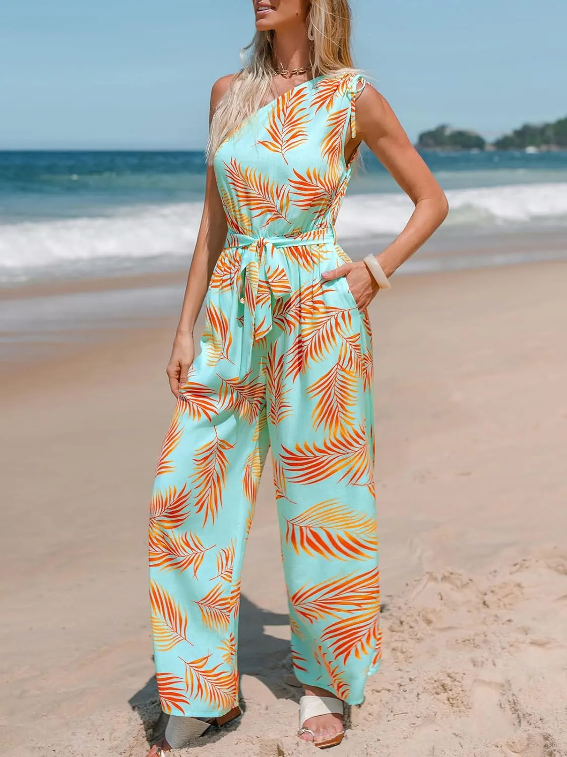 CUPSHE Women's Jumpsuits Sleeveless Floral One Shoulder Wide Leg Long Pants 2025 Trendy Travel Outfit Pocket