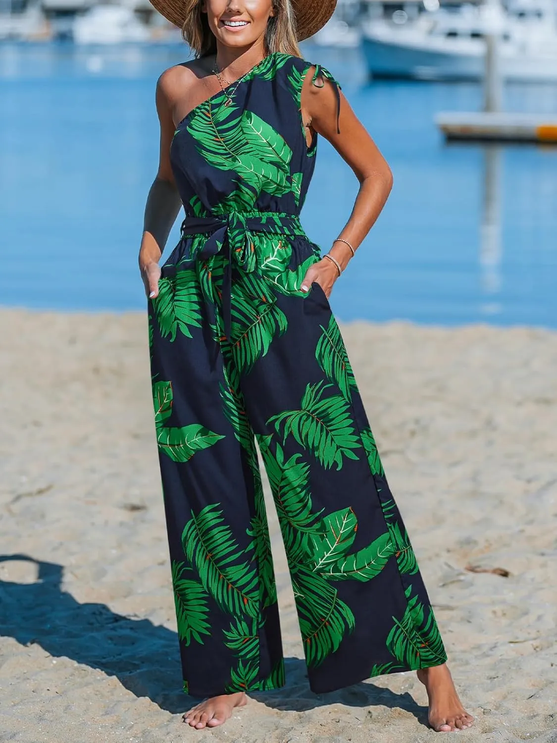 CUPSHE Women's Jumpsuits Sleeveless Floral One Shoulder Wide Leg Long Pants 2025 Trendy Travel Outfit Pocket