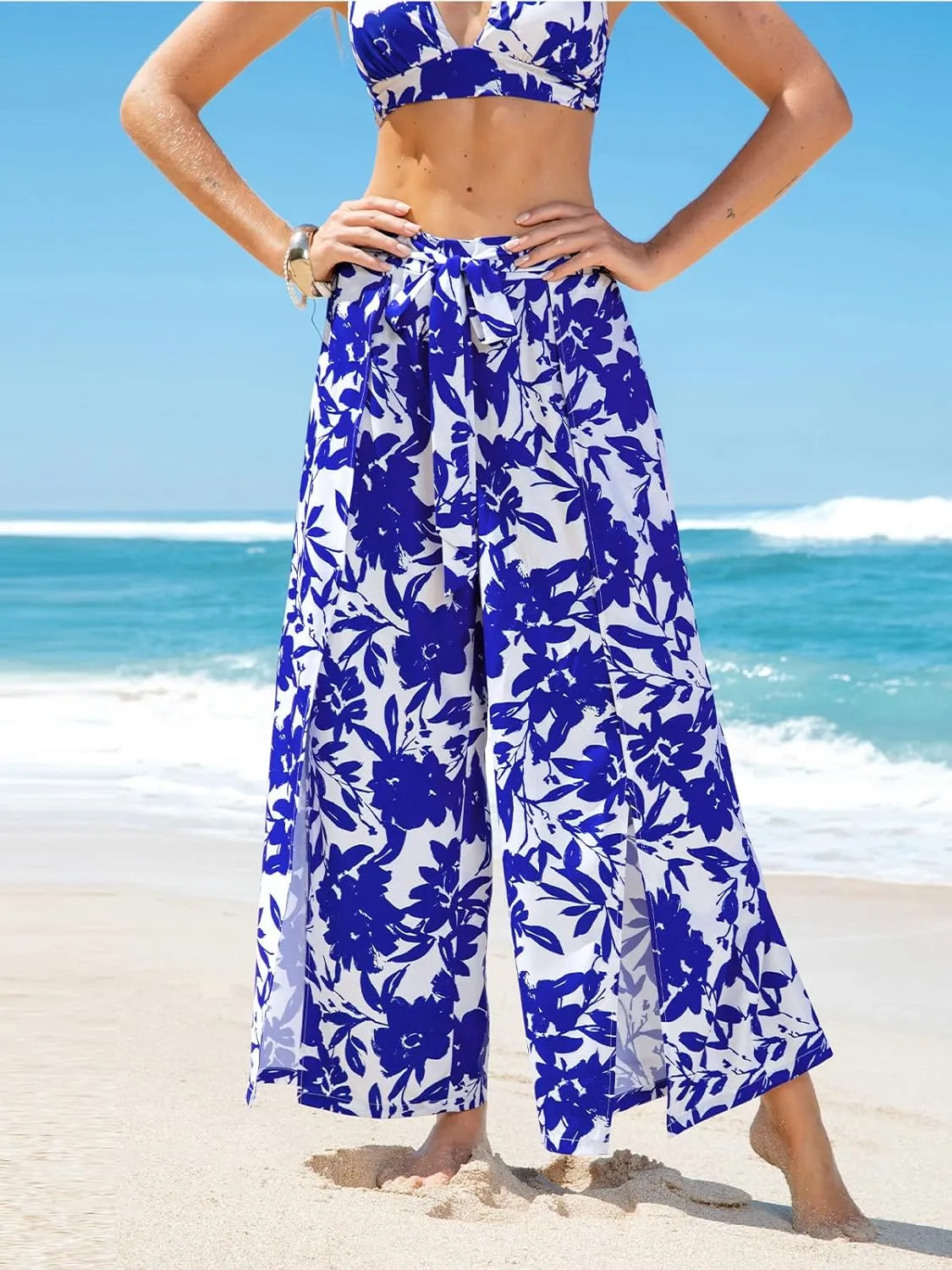 CUPSHE Women's Pants Waist Tied Split Hem Floral Cover-Up Pants Casual Vacation
