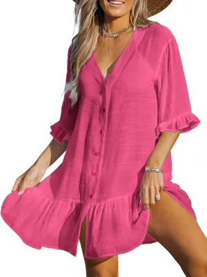 CUPSHE Women's V Neck Ruffled Cover Up Button Down Bathing Suit Beach Dress with Short Sleeves