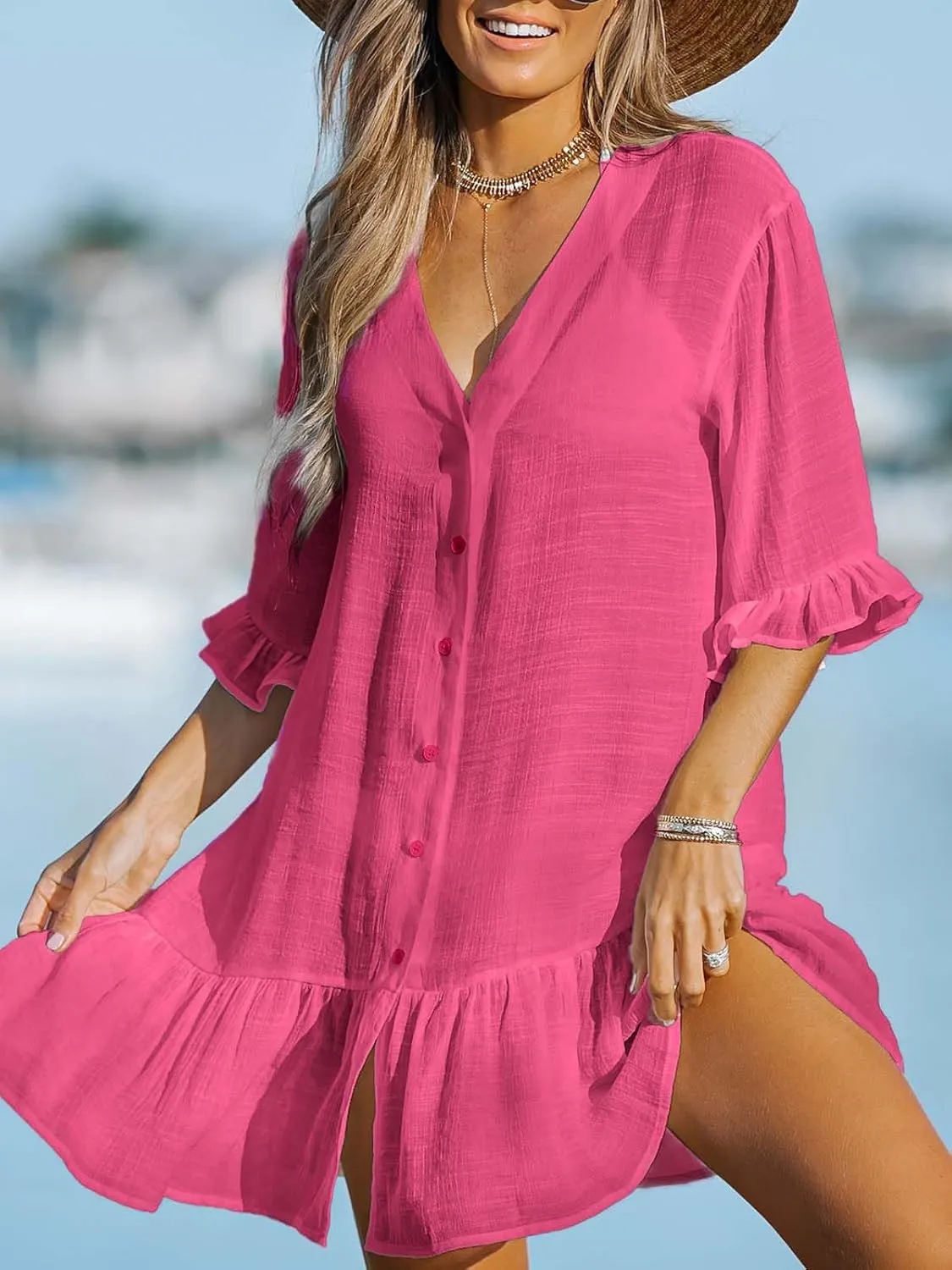 CUPSHE Women's V Neck Ruffled Cover Up Button Down Bathing Suit Beach Dress with Short Sleeves