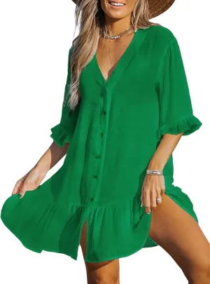 CUPSHE Women's V Neck Ruffled Cover Up Button Down Bathing Suit Beach Dress with Short Sleeves