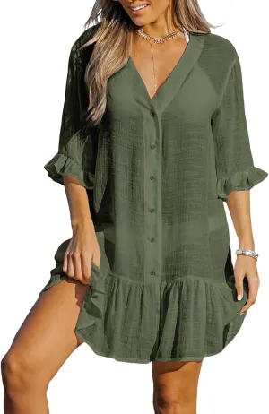 CUPSHE Women's V Neck Ruffled Cover Up Button Down Bathing Suit Beach Dress with Short Sleeves