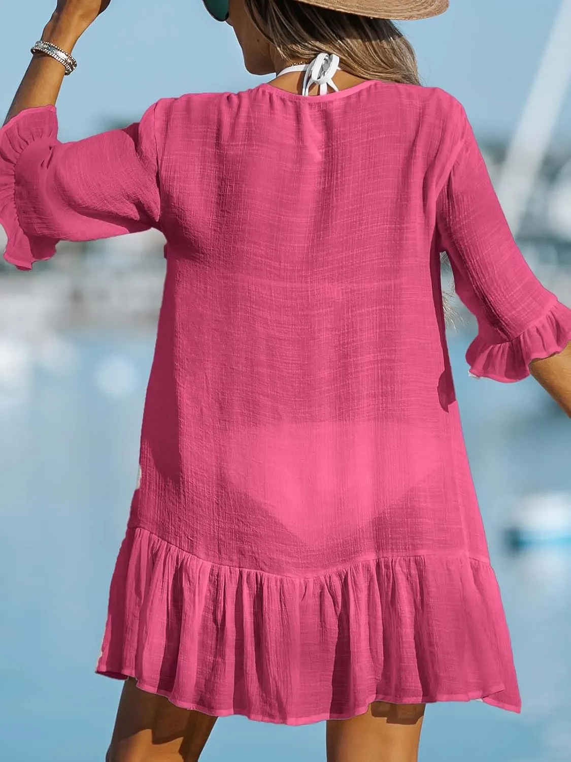 CUPSHE Women's V Neck Ruffled Cover Up Button Down Bathing Suit Beach Dress with Short Sleeves