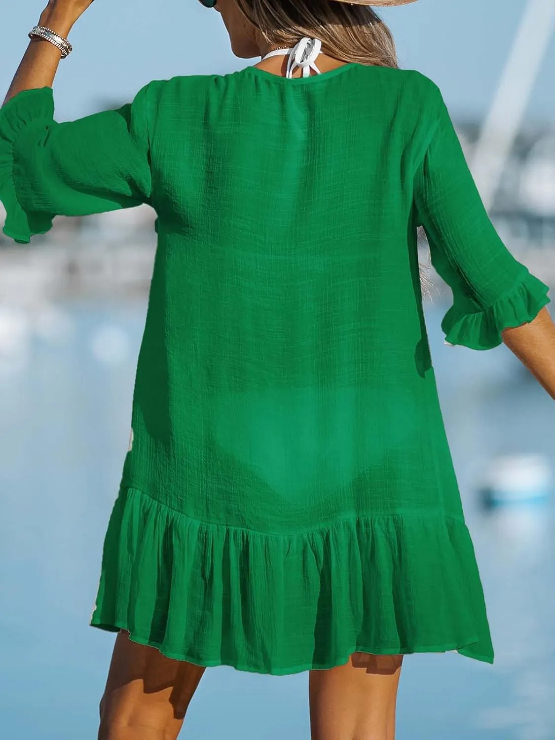 CUPSHE Women's V Neck Ruffled Cover Up Button Down Bathing Suit Beach Dress with Short Sleeves