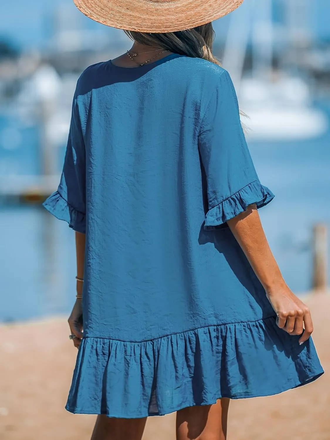 CUPSHE Women's V Neck Ruffled Cover Up Button Down Bathing Suit Beach Dress with Short Sleeves