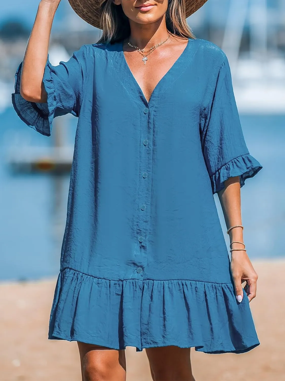 CUPSHE Women's V Neck Ruffled Cover Up Button Down Bathing Suit Beach Dress with Short Sleeves