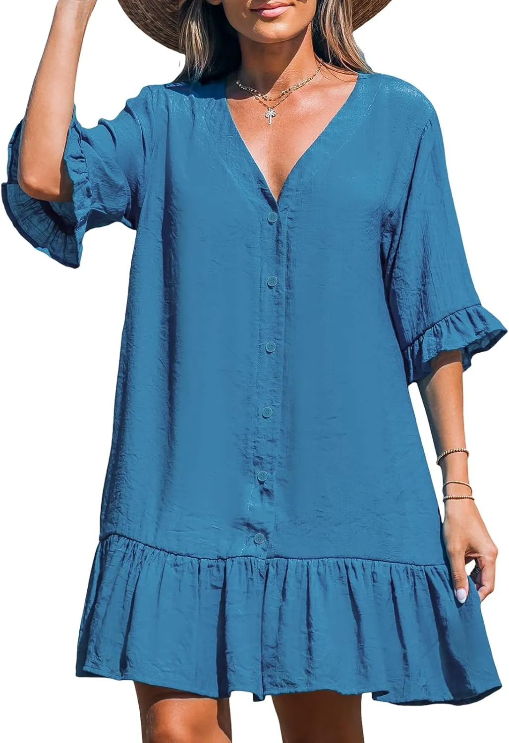 CUPSHE Women's V Neck Ruffled Cover Up Button Down Bathing Suit Beach Dress with Short Sleeves