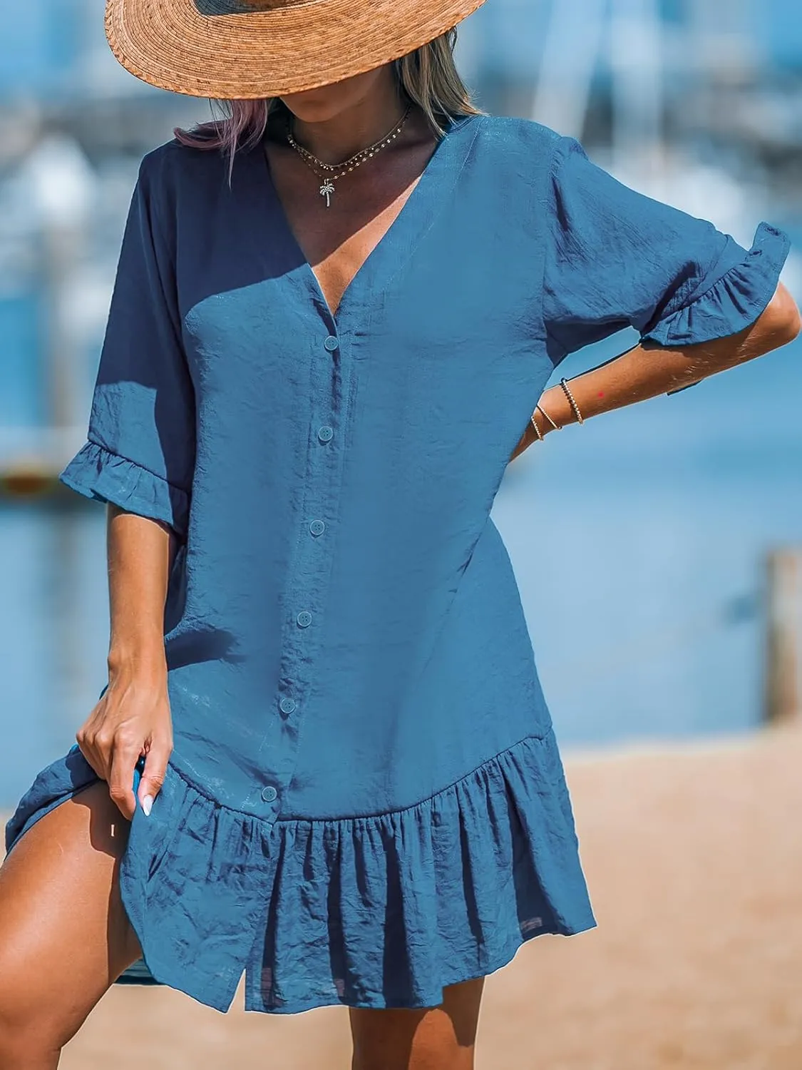 CUPSHE Women's V Neck Ruffled Cover Up Button Down Bathing Suit Beach Dress with Short Sleeves