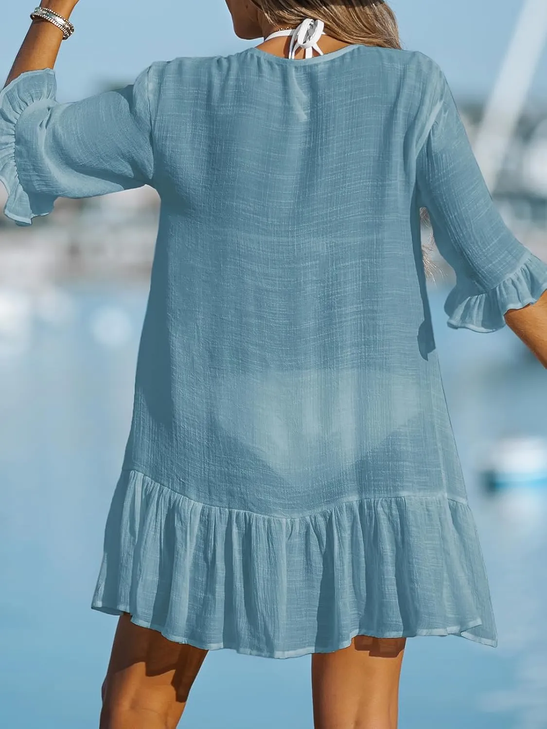 CUPSHE Women's V Neck Ruffled Cover Up Button Down Bathing Suit Beach Dress with Short Sleeves