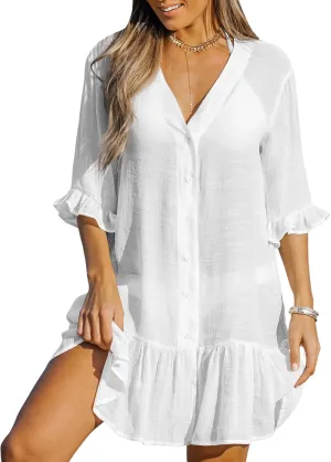 CUPSHE Women's V Neck Ruffled Cover Up Button Down Bathing Suit Beach Dress with Short Sleeves