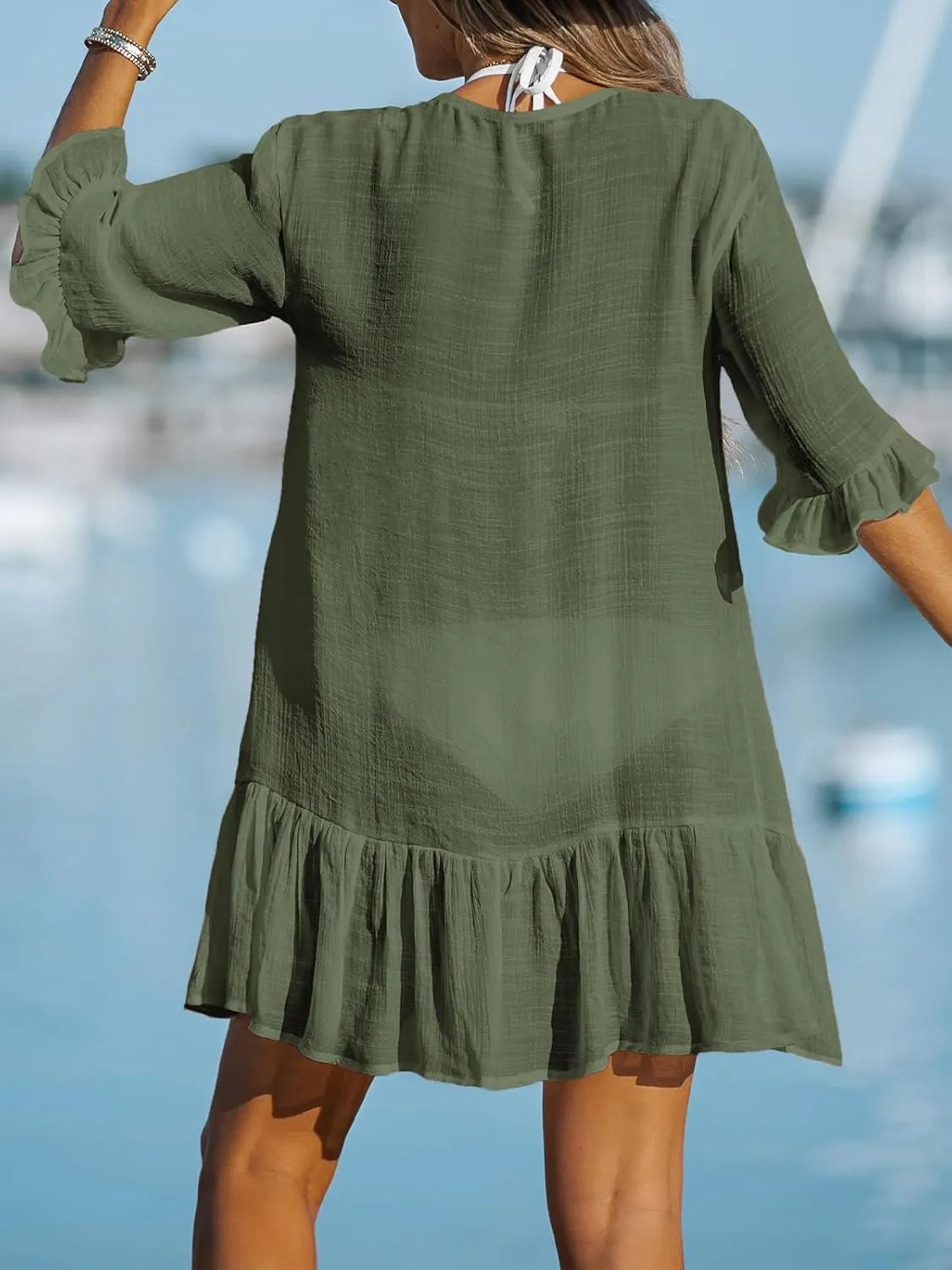 CUPSHE Women's V Neck Ruffled Cover Up Button Down Bathing Suit Beach Dress with Short Sleeves