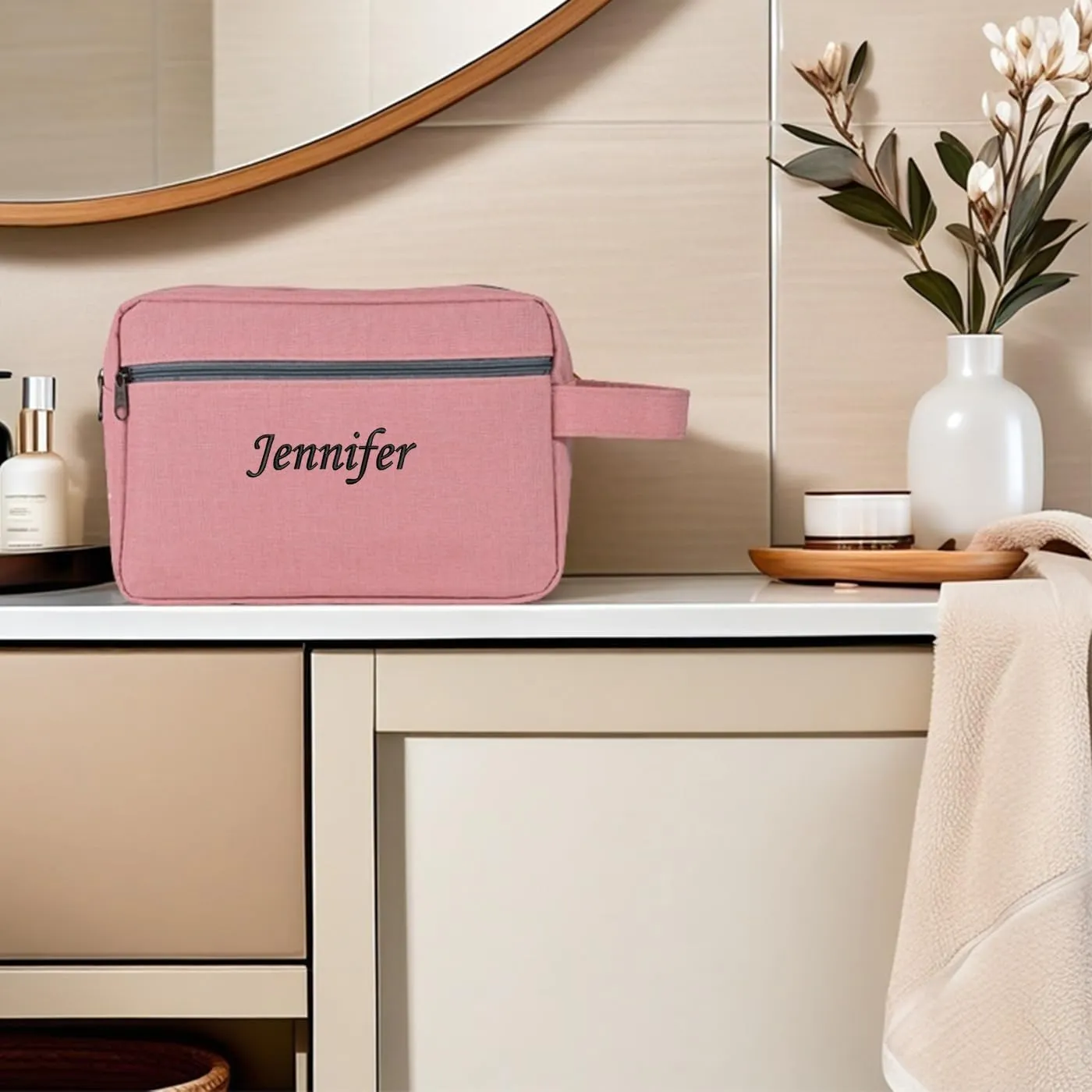 Custom Embroidered Minimalist Toiletry Bag for Men & Women - Lightweight Cationic Fabric Travel Organizer, Shaving Bag,Perfect for Groomsmen Gifts & Personalized Use (1, Pink)