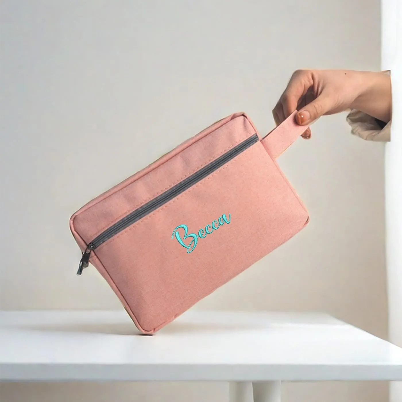 Custom Embroidered Minimalist Toiletry Bag for Men & Women - Lightweight Cationic Fabric Travel Organizer, Shaving Bag,Perfect for Groomsmen Gifts & Personalized Use (1, Pink)