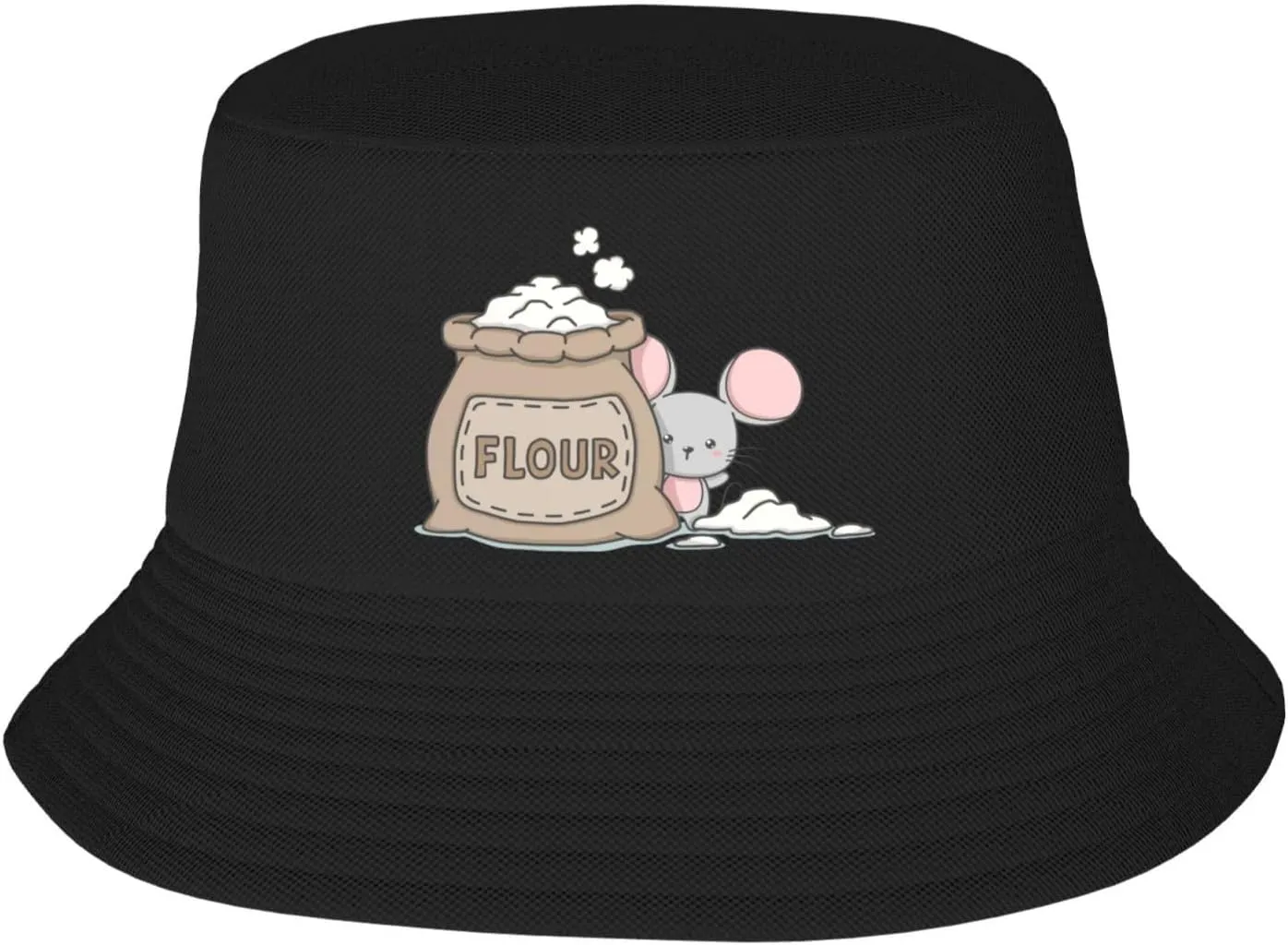 Cute Cartoon Mouse and Flour Bag Bucket Hat for Men Women Outdoor Summer Beach Travel Fishing Cap Black