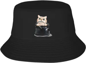 Cute Cat Looking for Fish in A Black Garbage Bag Bucket Hat for Men Women Outdoor Summer Beach Travel Fishing Cap